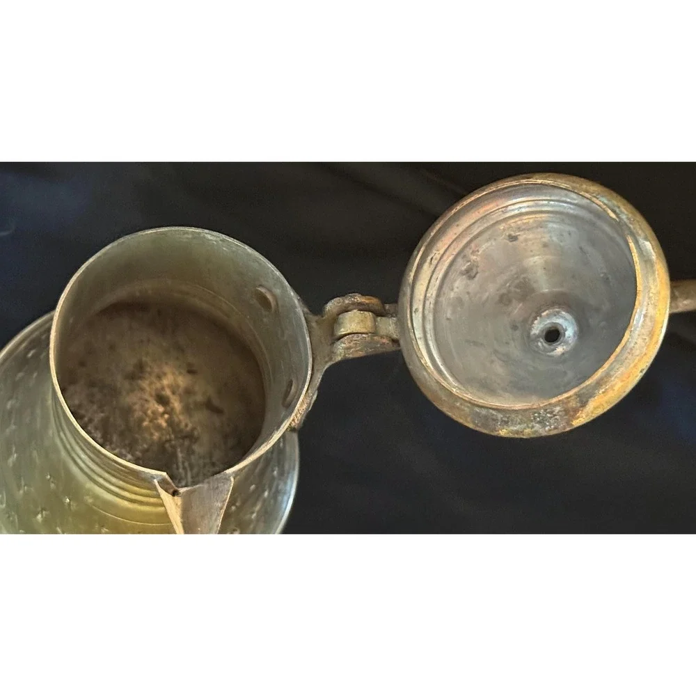 Vintage Brass Tea Set Engraved Coffee Pot & 4 Cups Moroccan Mediterranean Decor